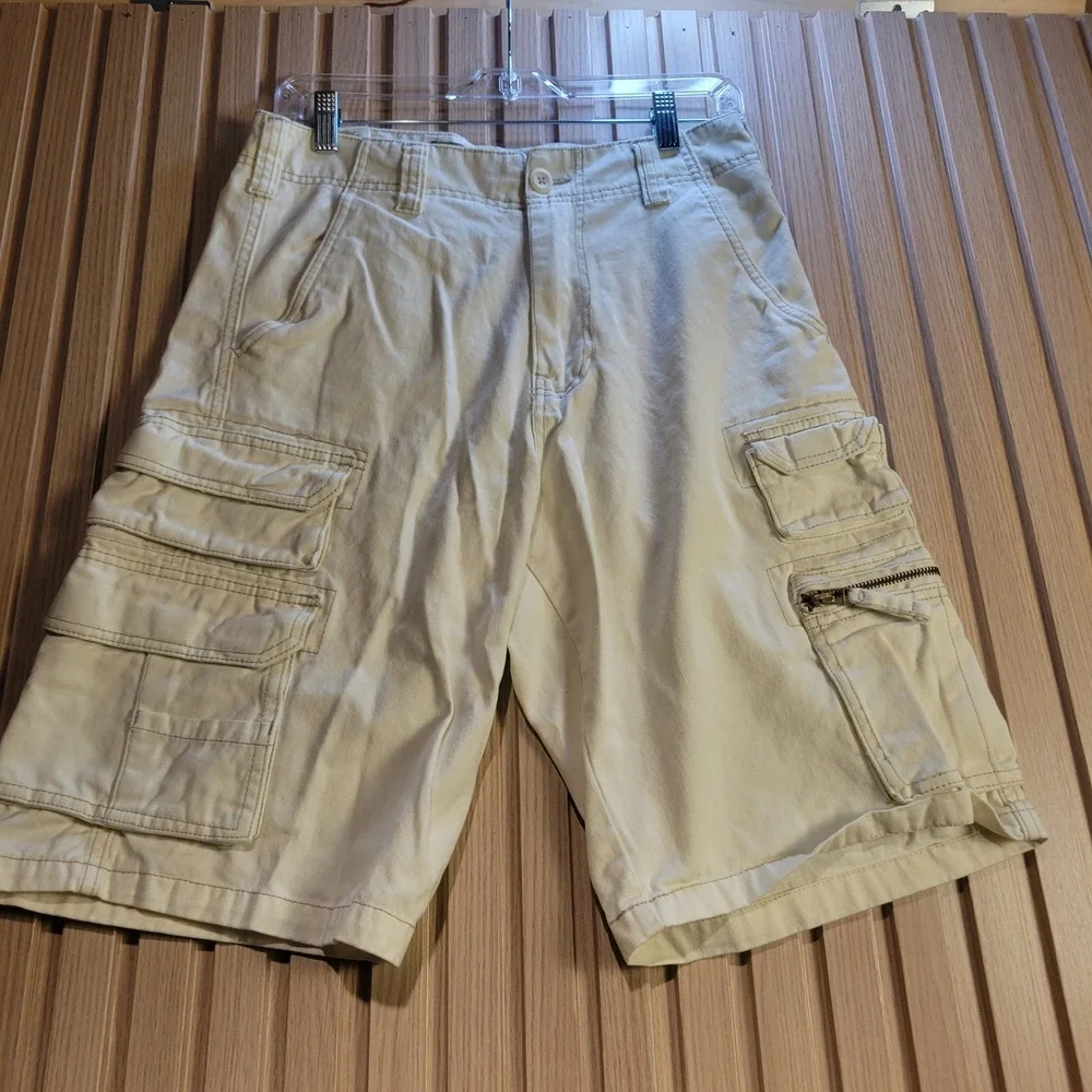 Iron Co. Mens Cream Cotton Twill Cargo Shorts Multi Pocket Utility Workwear 30